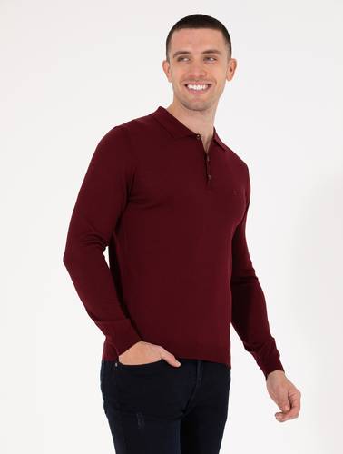 Kırmızı Slim Fit Polo Yaka Yün Karışımlı Basic Triko Kazak