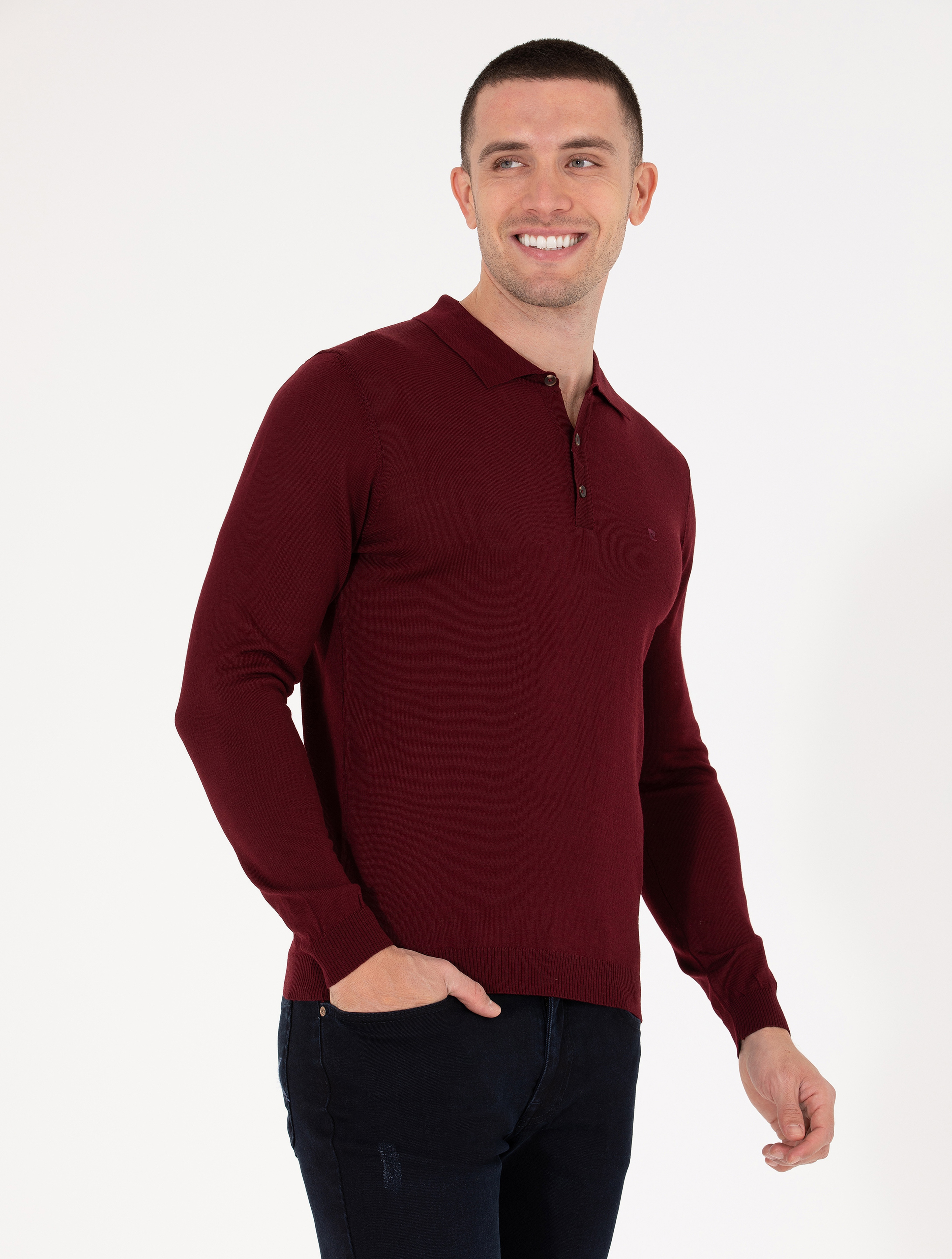 Kırmızı Slim Fit Polo Yaka Yün Karışımlı Basic Triko Kazak - Image 3