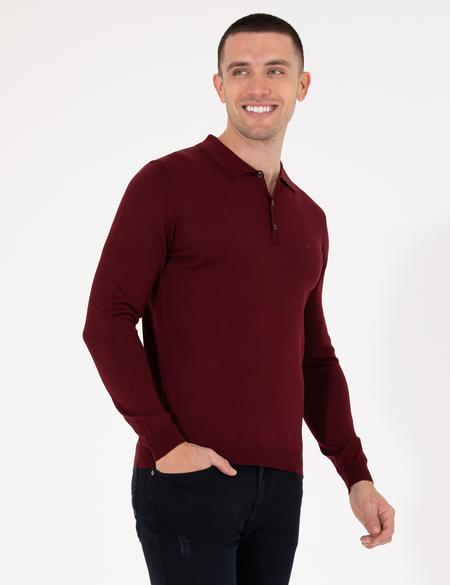 Kırmızı Slim Fit Polo Yaka Yün Karışımlı Basic Triko Kazak - 50257322008