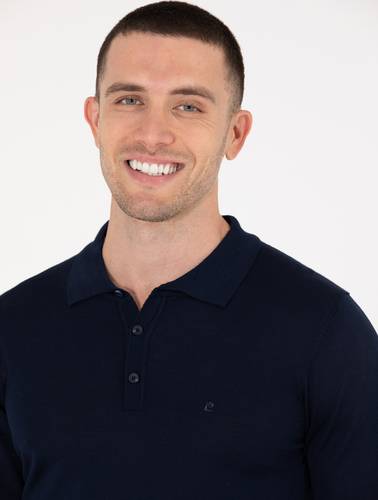 Lacivert Slim Fit Polo Yaka Yün Karışımlı Basic Triko Kazak