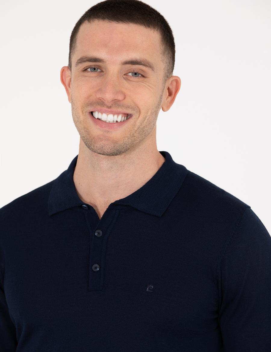 Lacivert Slim Fit Polo Yaka Yün Karışımlı Basic Triko Kazak