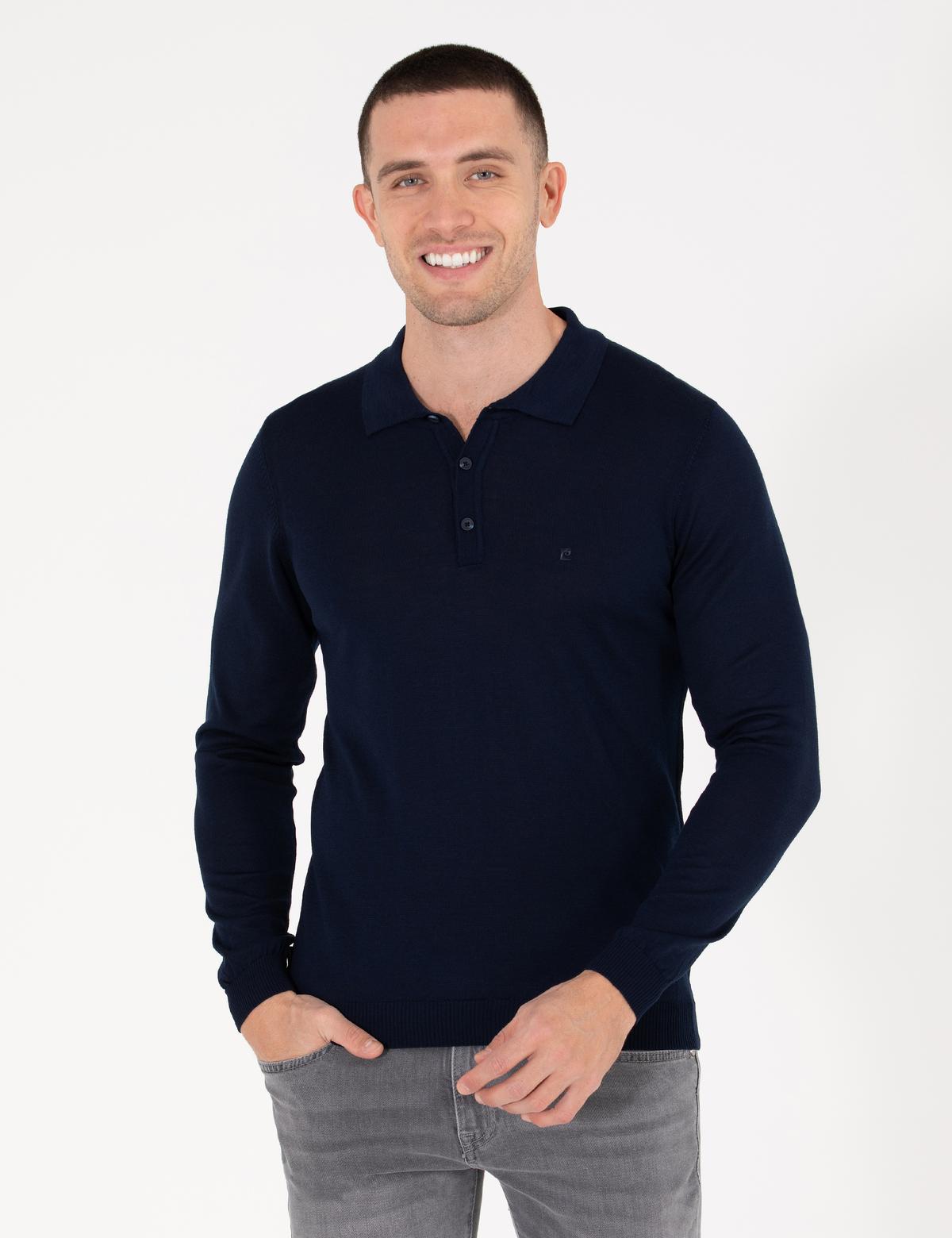 Lacivert Slim Fit Polo Yaka Yün Karışımlı Basic Triko Kazak - 50257322016