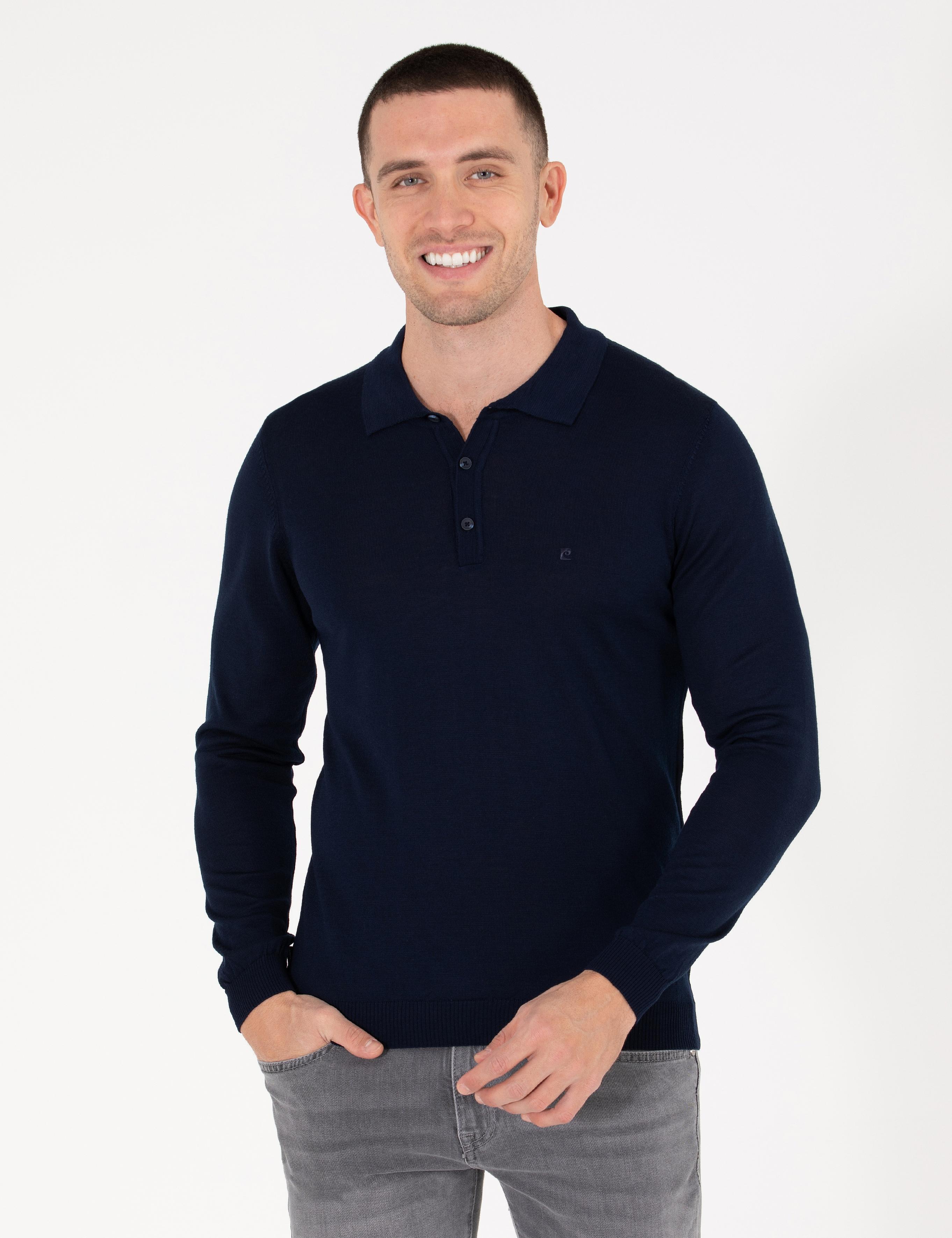 Lacivert Slim Fit Polo Yaka Yün Karışımlı Basic Triko Kazak