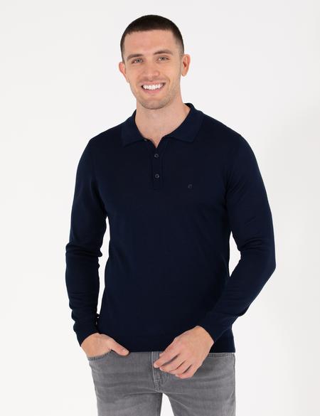 Lacivert Slim Fit Polo Yaka Yün Karışımlı Basic Triko Kazak - 50257322016