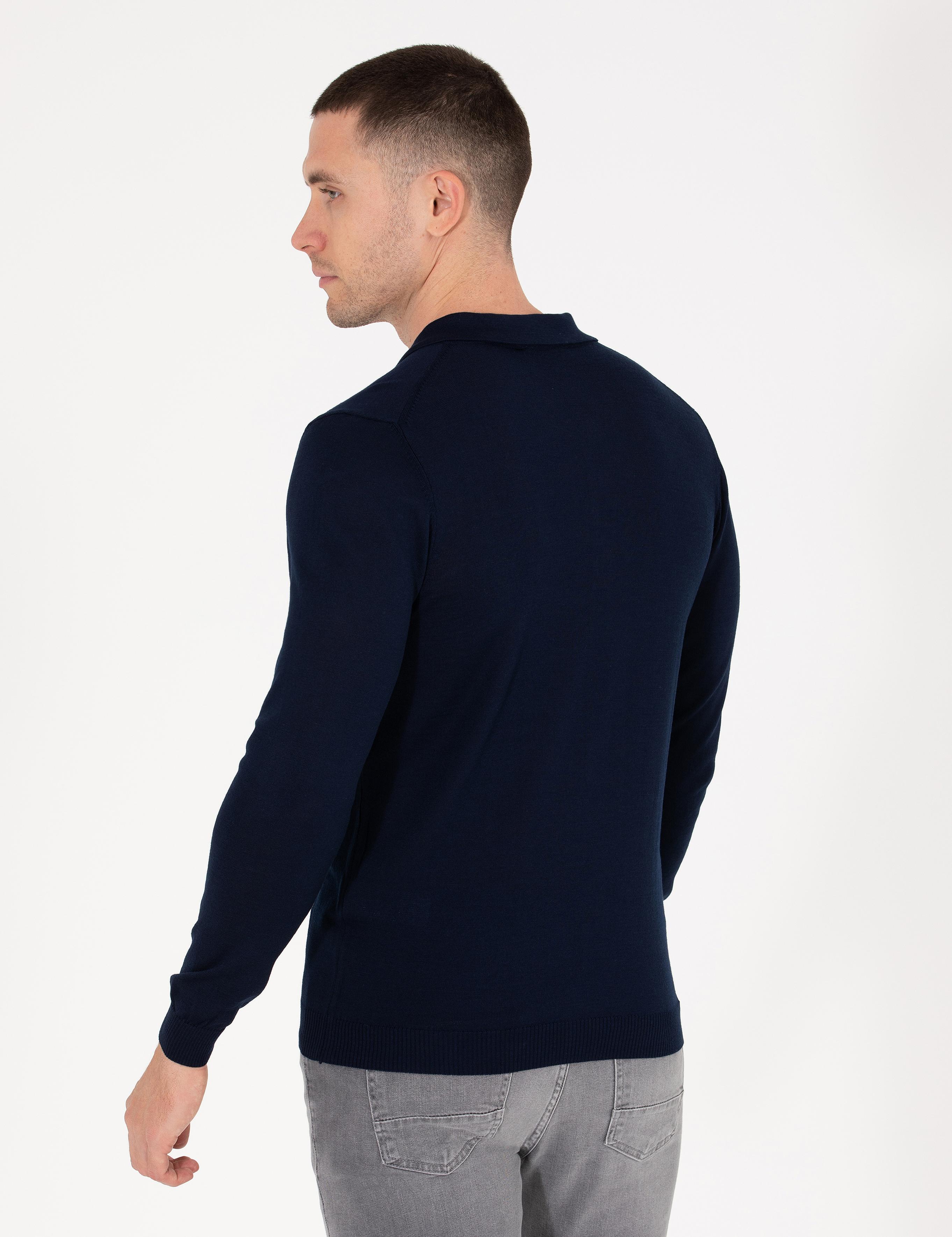 Lacivert Slim Fit Polo Yaka Yün Karışımlı Basic Triko Kazak