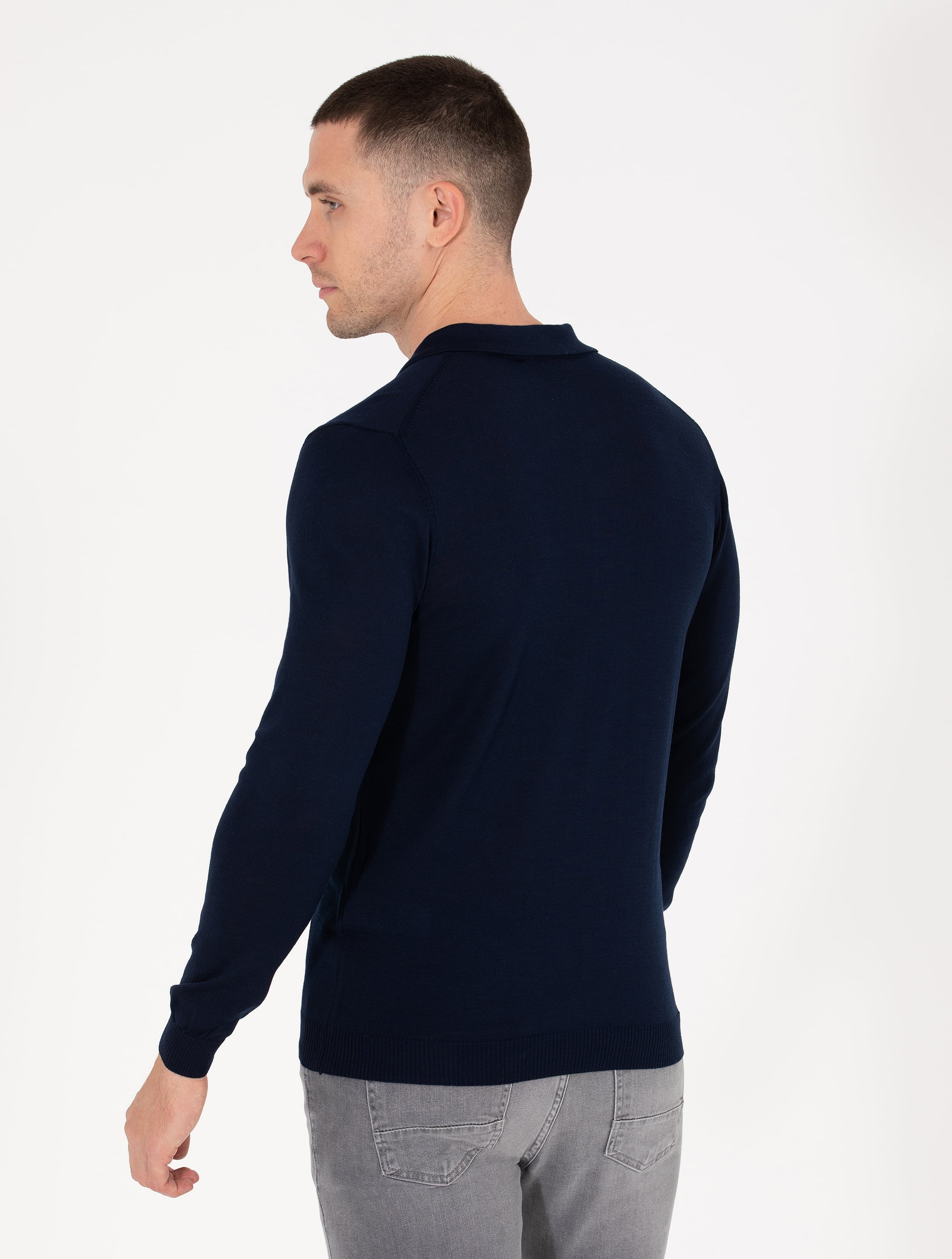 Lacivert Slim Fit Polo Yaka Yün Karışımlı Basic Triko Kazak