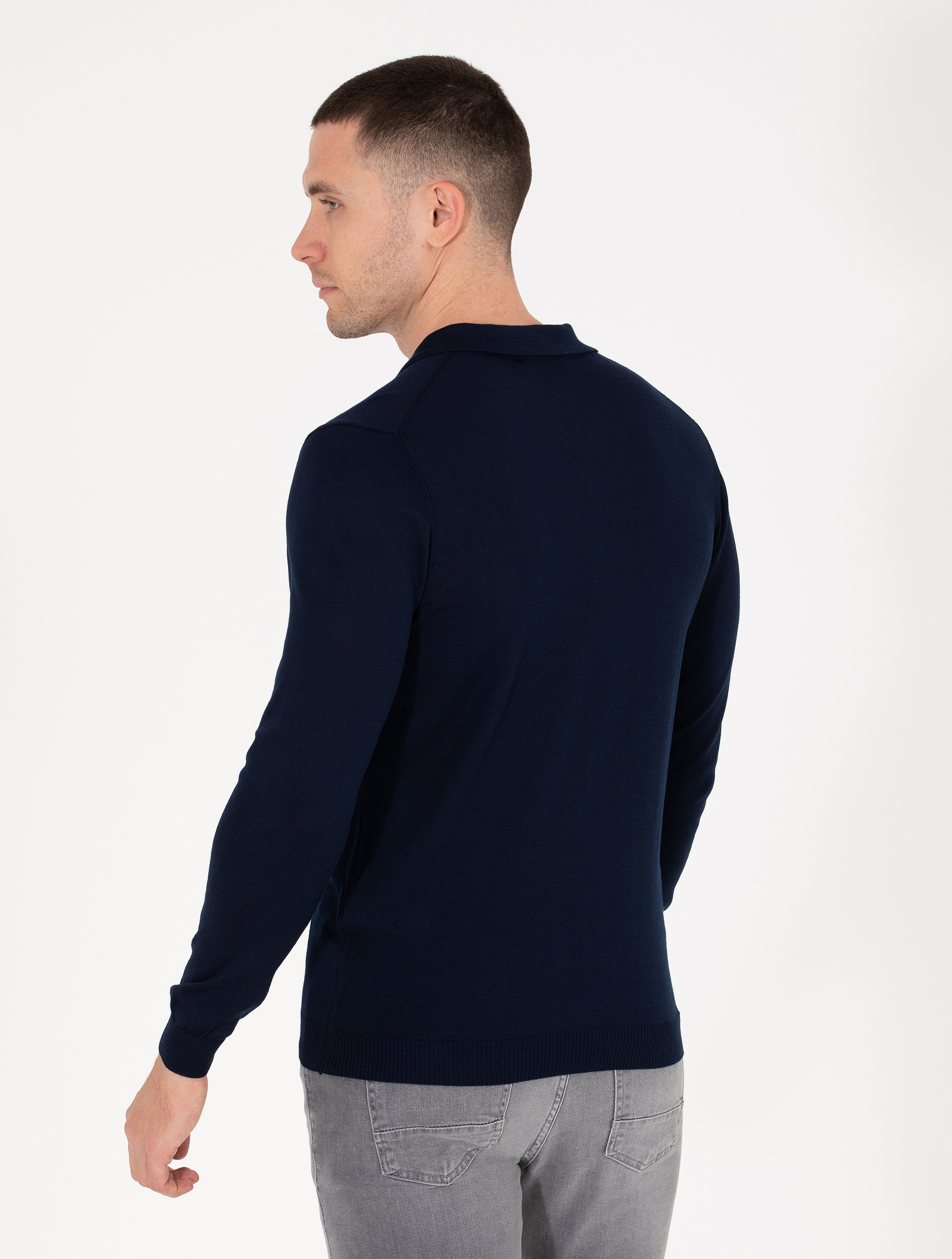 Lacivert Slim Fit Polo Yaka Yün Karışımlı Basic Triko Kazak - Image 5