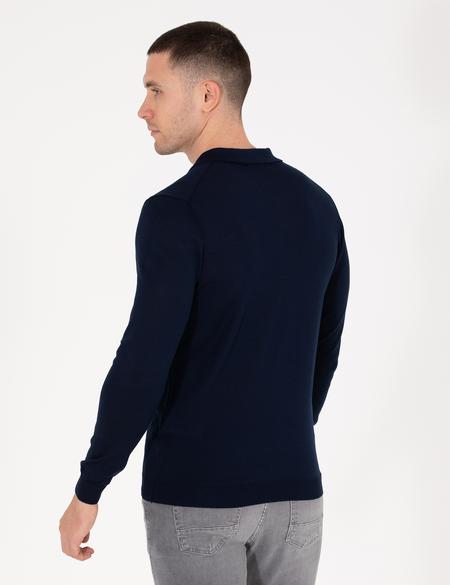 Lacivert Slim Fit Polo Yaka Yün Karışımlı Basic Triko Kazak - 50257322016