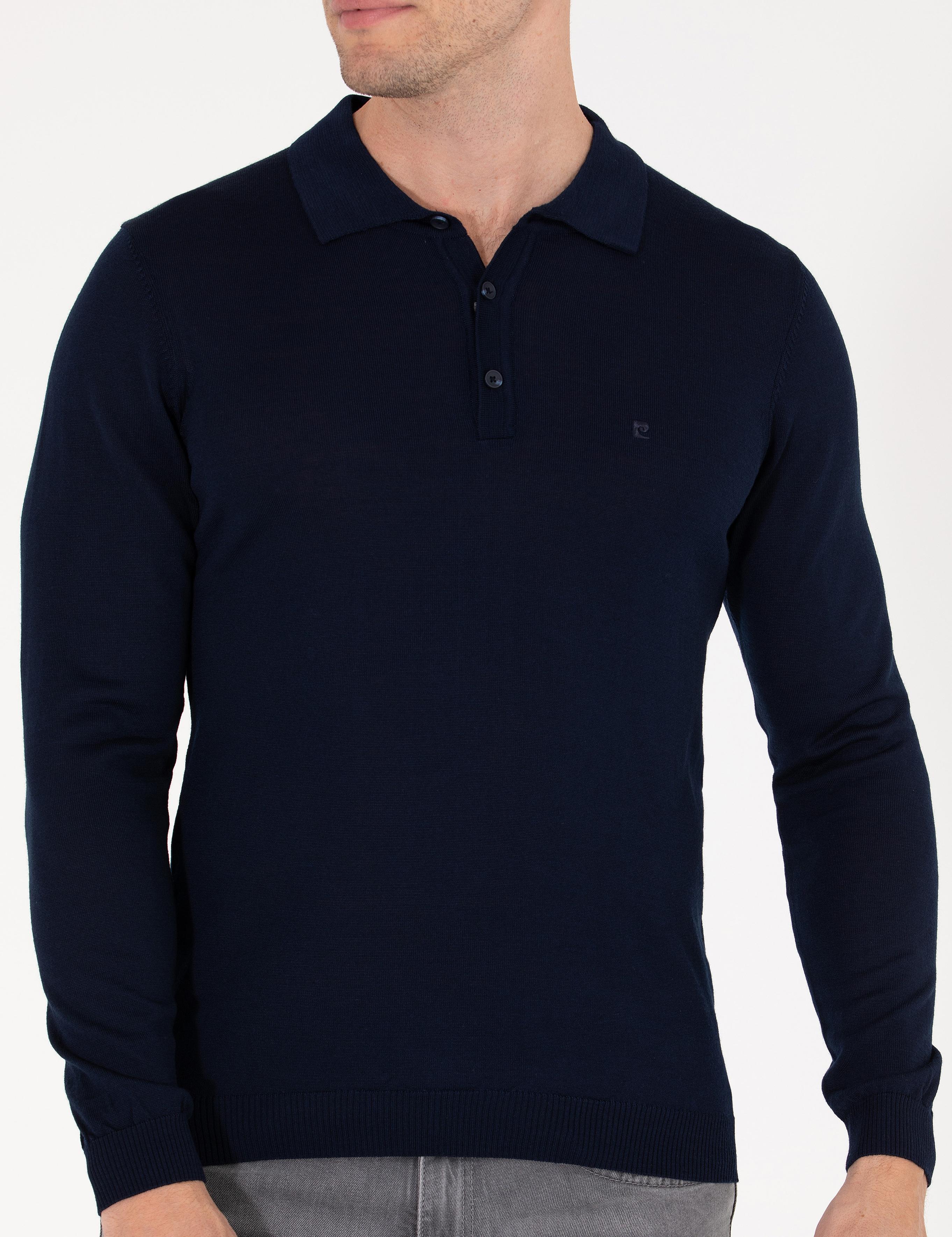 Lacivert Slim Fit Polo Yaka Yün Karışımlı Basic Triko Kazak