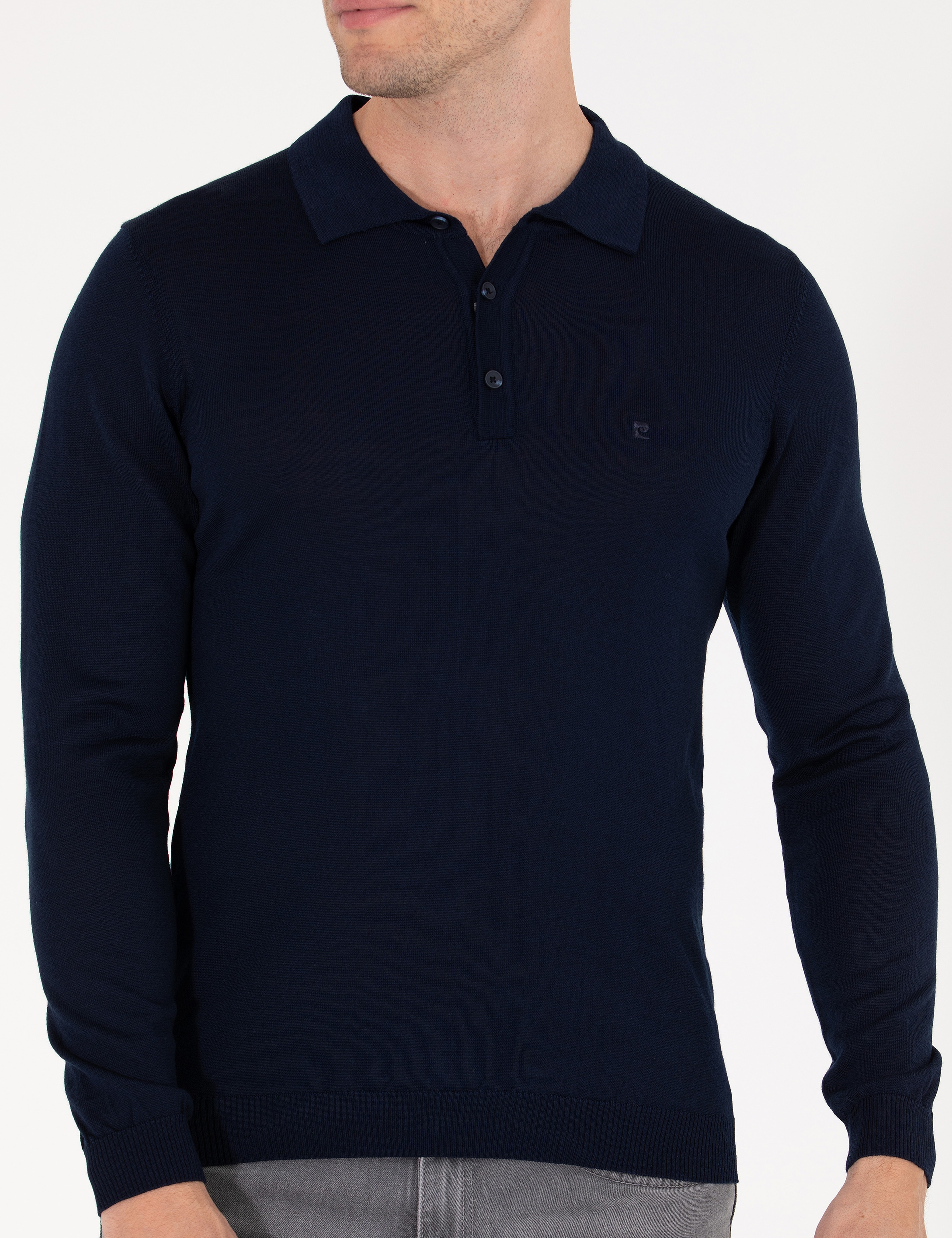 Lacivert Slim Fit Polo Yaka Yün Karışımlı Basic Triko Kazak
