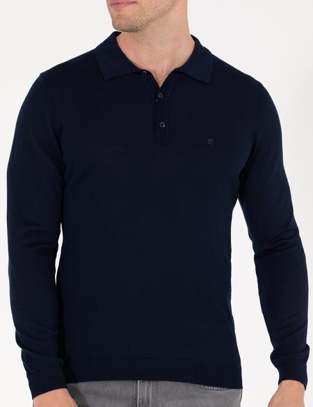 Lacivert Slim Fit Polo Yaka Yün Karışımlı Basic Triko Kazak - 50257322016