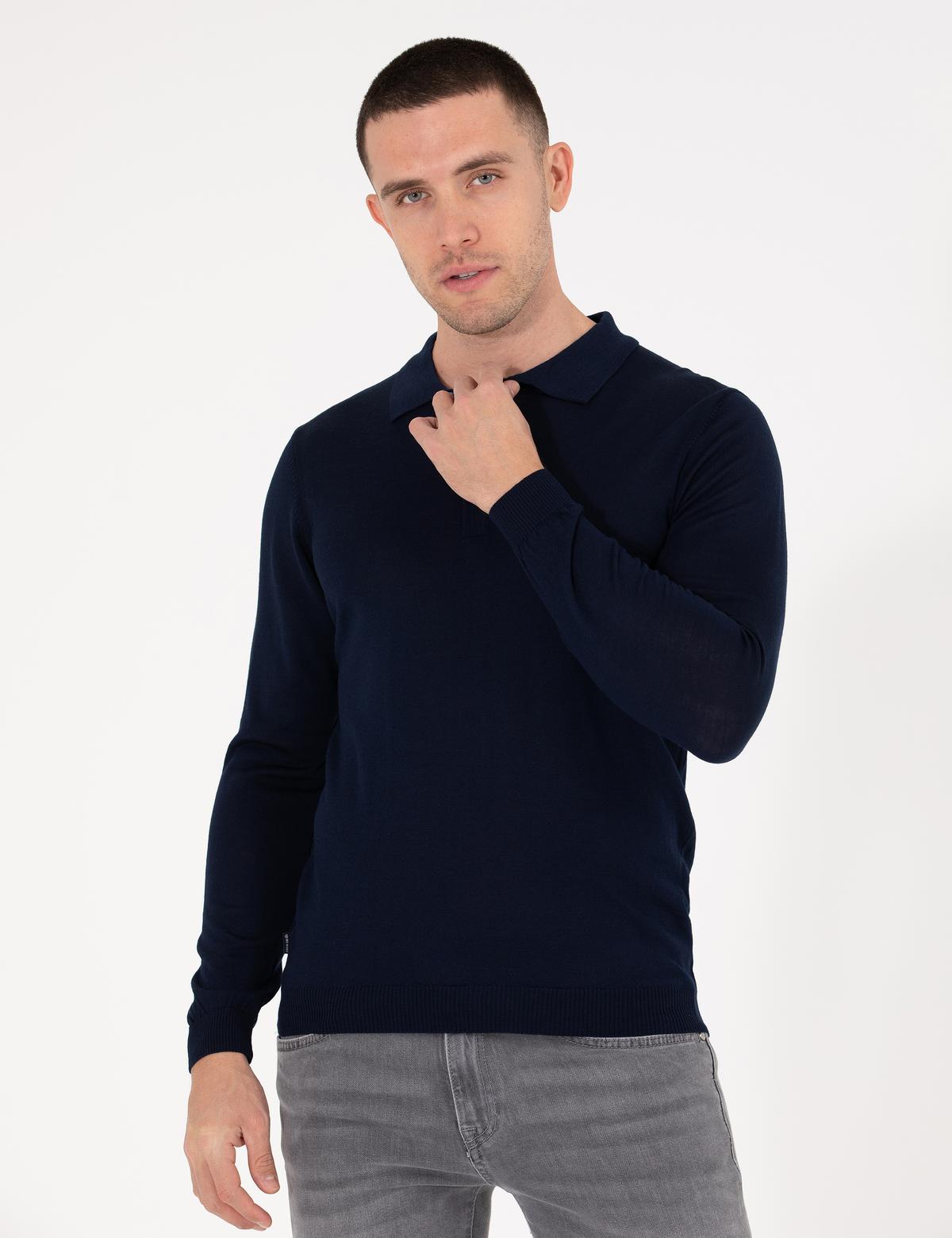 Lacivert Slim Fit Polo Yaka Yün Karışımlı Basic Triko Kazak