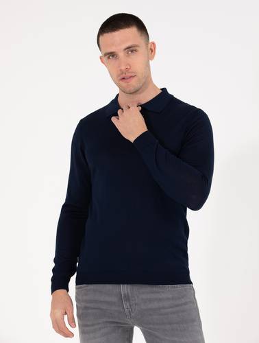 Lacivert Slim Fit Polo Yaka Yün Karışımlı Basic Triko Kazak