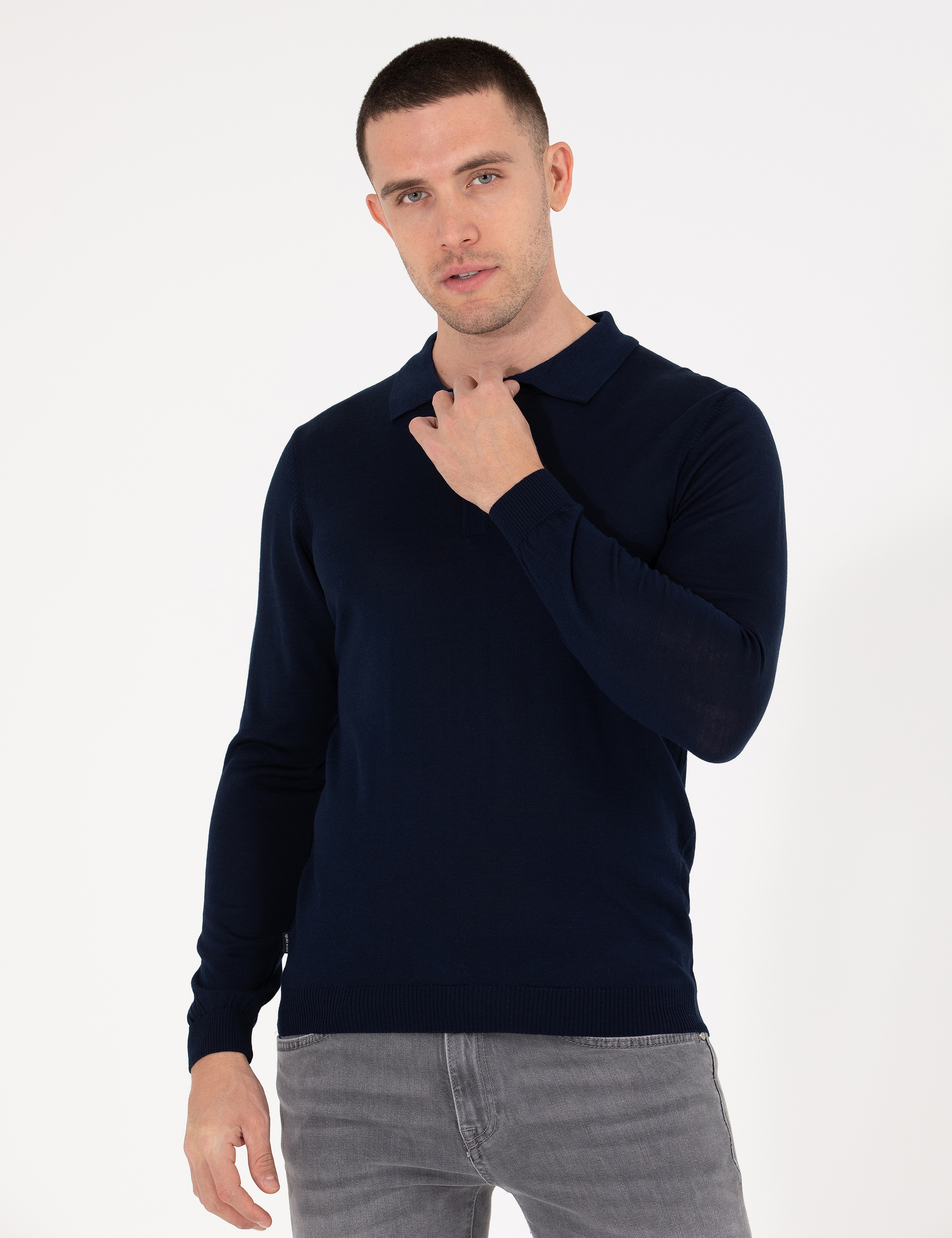 Lacivert Slim Fit Polo Yaka Yün Karışımlı Basic Triko Kazak
