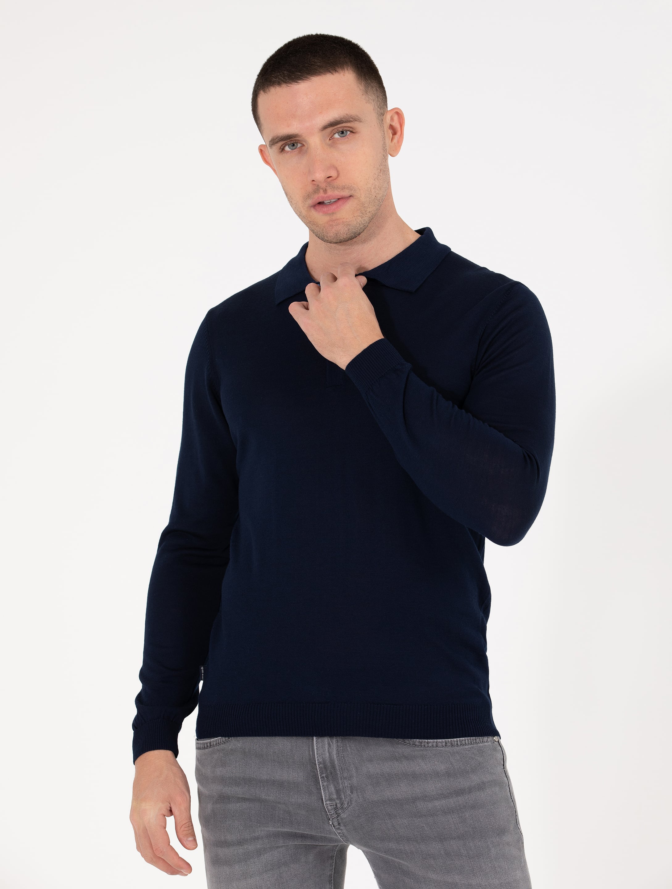 Lacivert Slim Fit Polo Yaka Yün Karışımlı Basic Triko Kazak