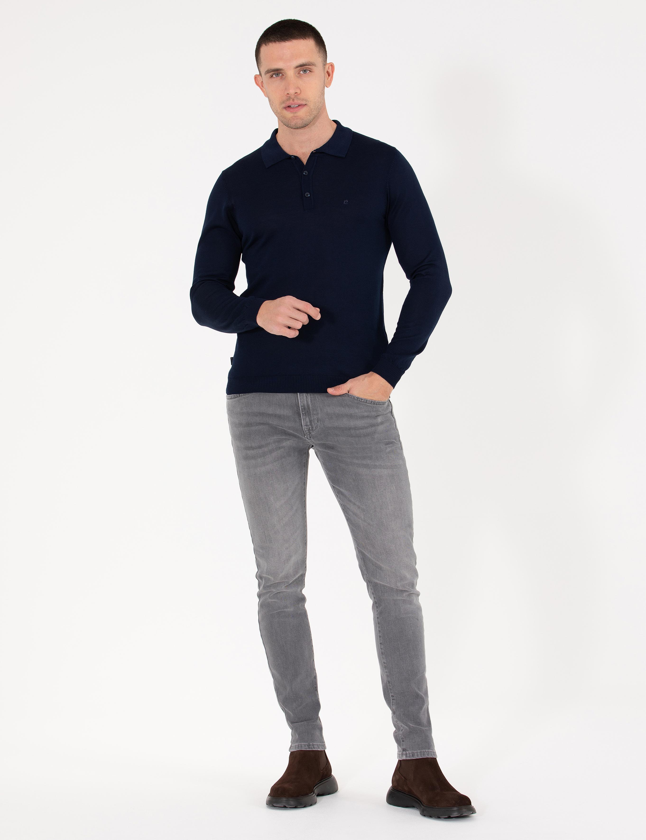 Lacivert Slim Fit Polo Yaka Yün Karışımlı Basic Triko Kazak