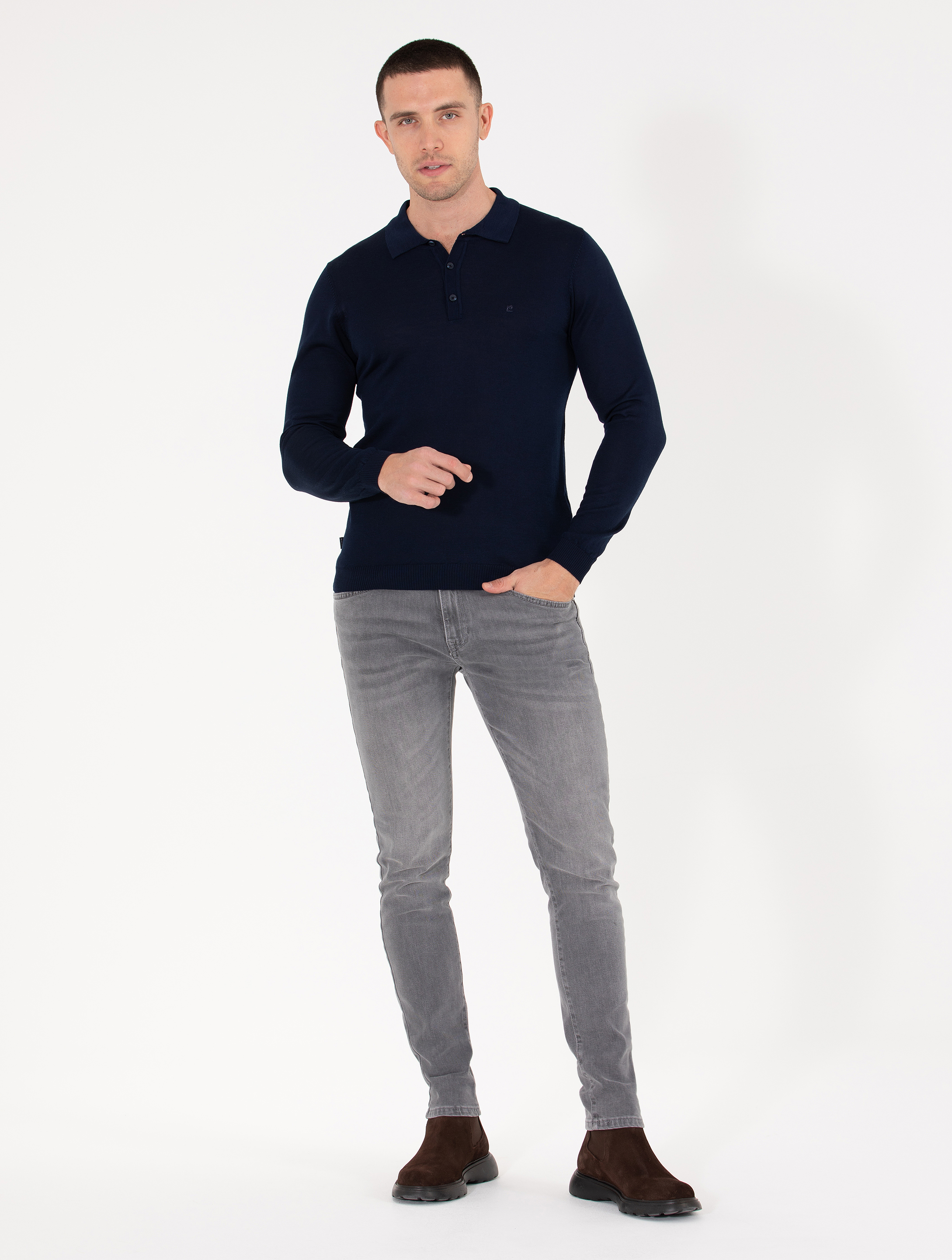 Lacivert Slim Fit Polo Yaka Yün Karışımlı Basic Triko Kazak