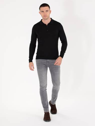 Siyah Slim Fit Polo Yaka Yün Karışımlı Basic Triko Kazak