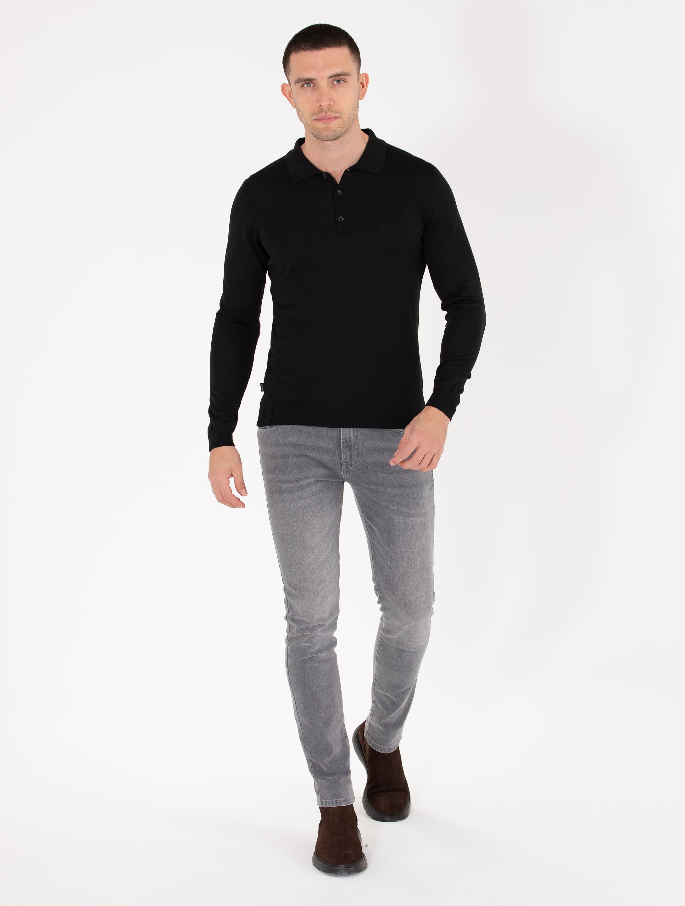 Siyah Slim Fit Polo Yaka Yün Karışımlı Basic Triko Kazak