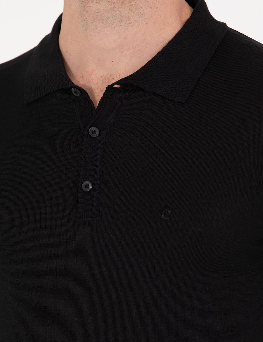 Siyah Slim Fit Polo Yaka Yün Karışımlı Basic Triko Kazak