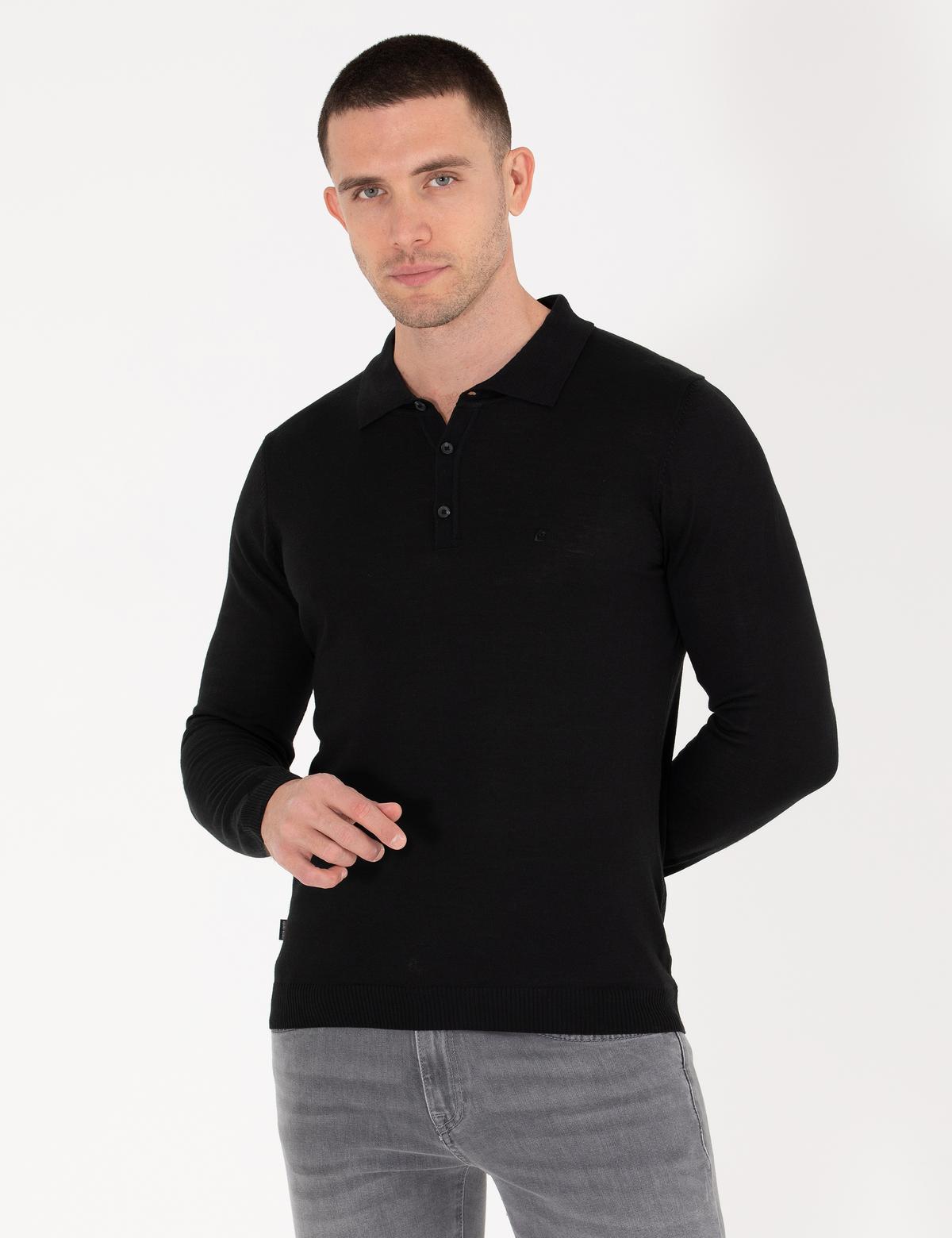 Siyah Slim Fit Polo Yaka Yün Karışımlı Basic Triko Kazak