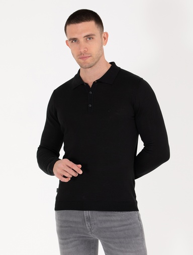 Siyah Slim Fit Polo Yaka Yün Karışımlı Basic Triko Kazak