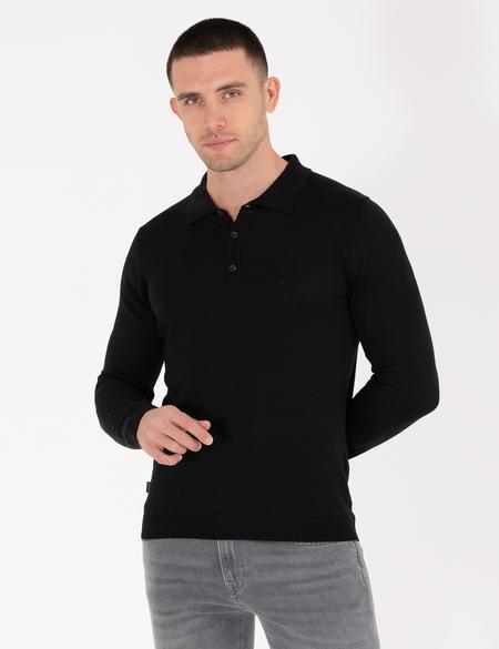 Siyah Slim Fit Polo Yaka Yün Karışımlı Basic Triko Kazak - 50257322028