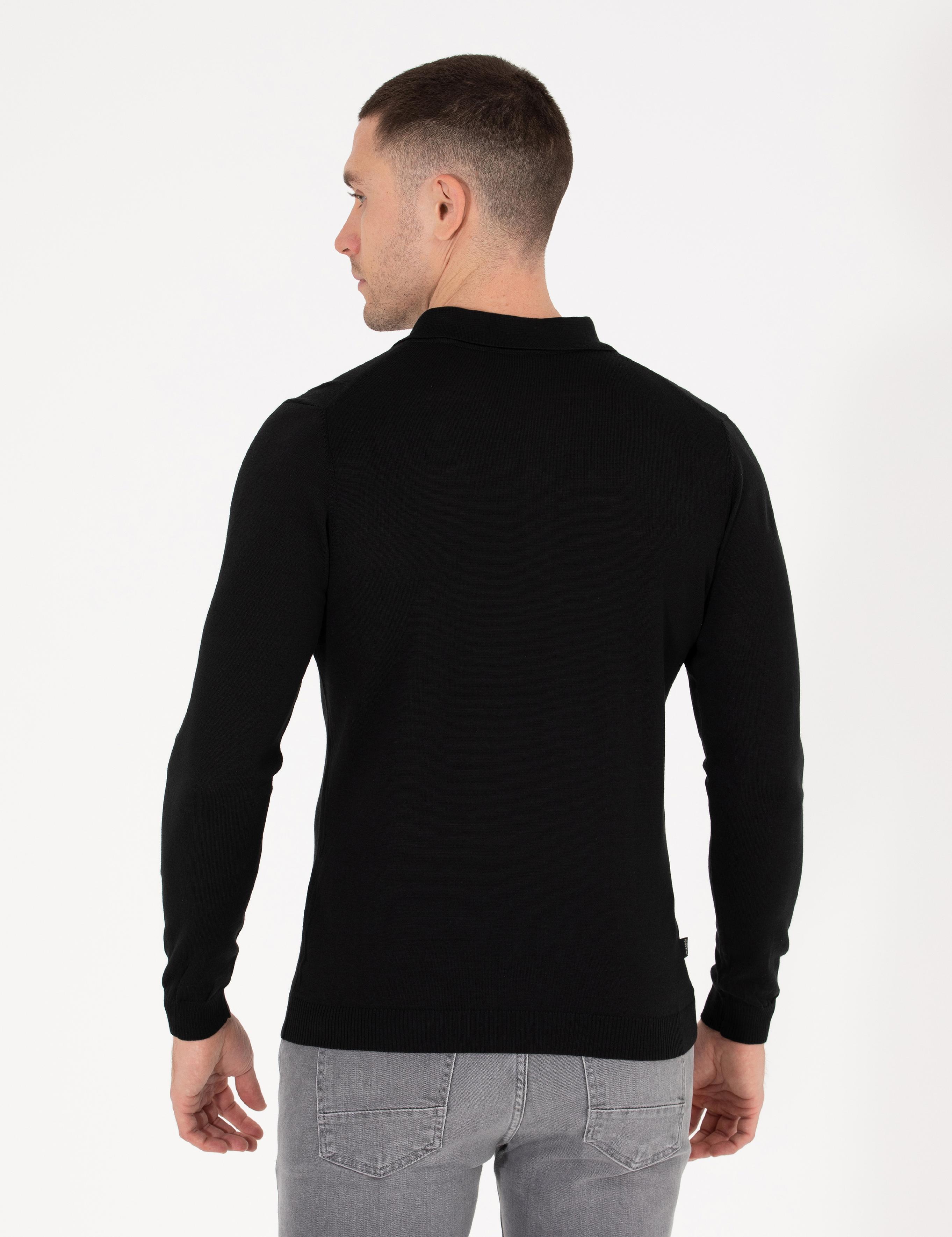 Siyah Slim Fit Polo Yaka Yün Karışımlı Basic Triko Kazak