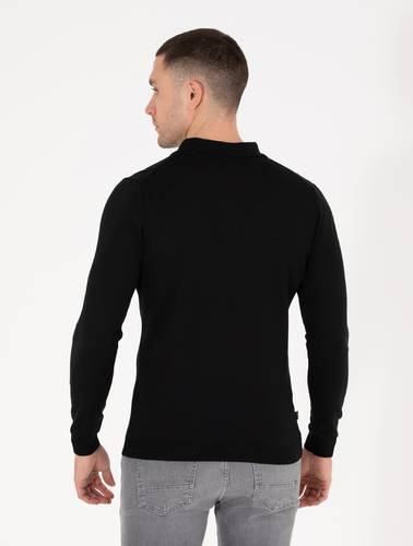 Siyah Slim Fit Polo Yaka Yün Karışımlı Basic Triko Kazak