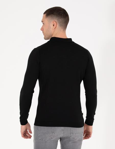 Siyah Slim Fit Polo Yaka Yün Karışımlı Basic Triko Kazak - 50257322028
