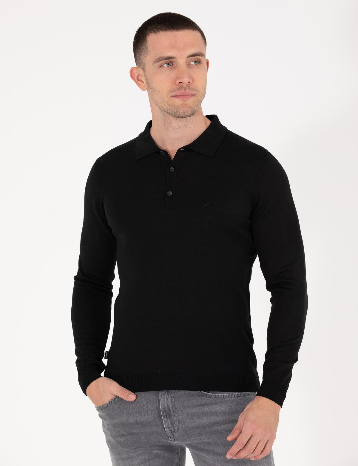 Siyah Slim Fit Polo Yaka Yün Karışımlı Basic Triko Kazak - 50257322028