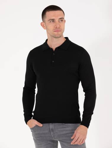 Siyah Slim Fit Polo Yaka Yün Karışımlı Basic Triko Kazak