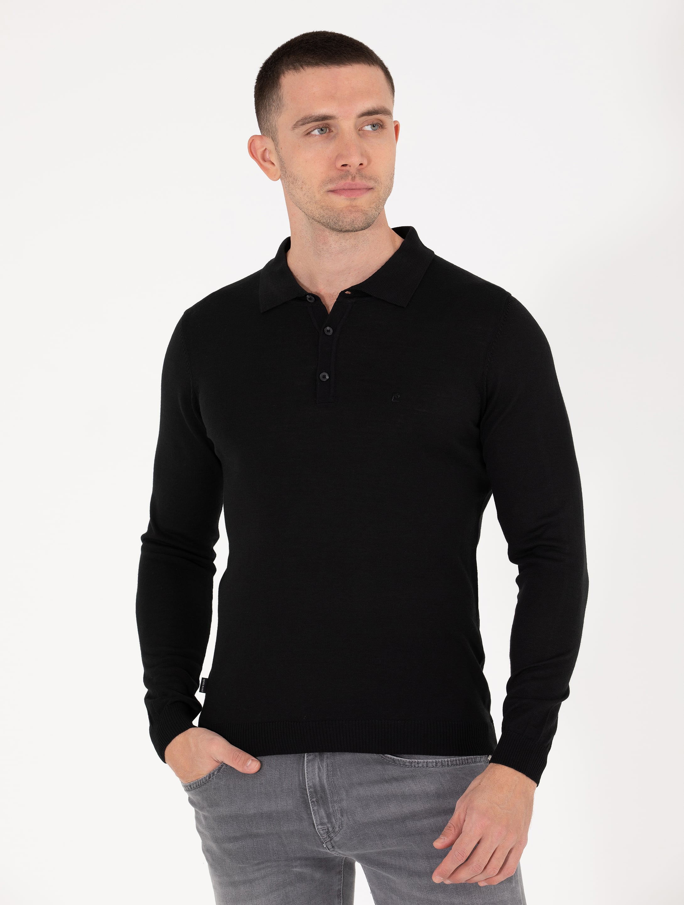 Siyah Slim Fit Polo Yaka Yün Karışımlı Basic Triko Kazak