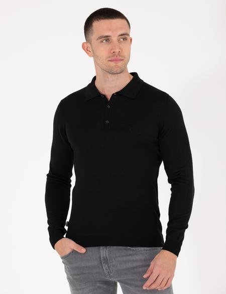 Siyah Slim Fit Polo Yaka Yün Karışımlı Basic Triko Kazak - 50257322028