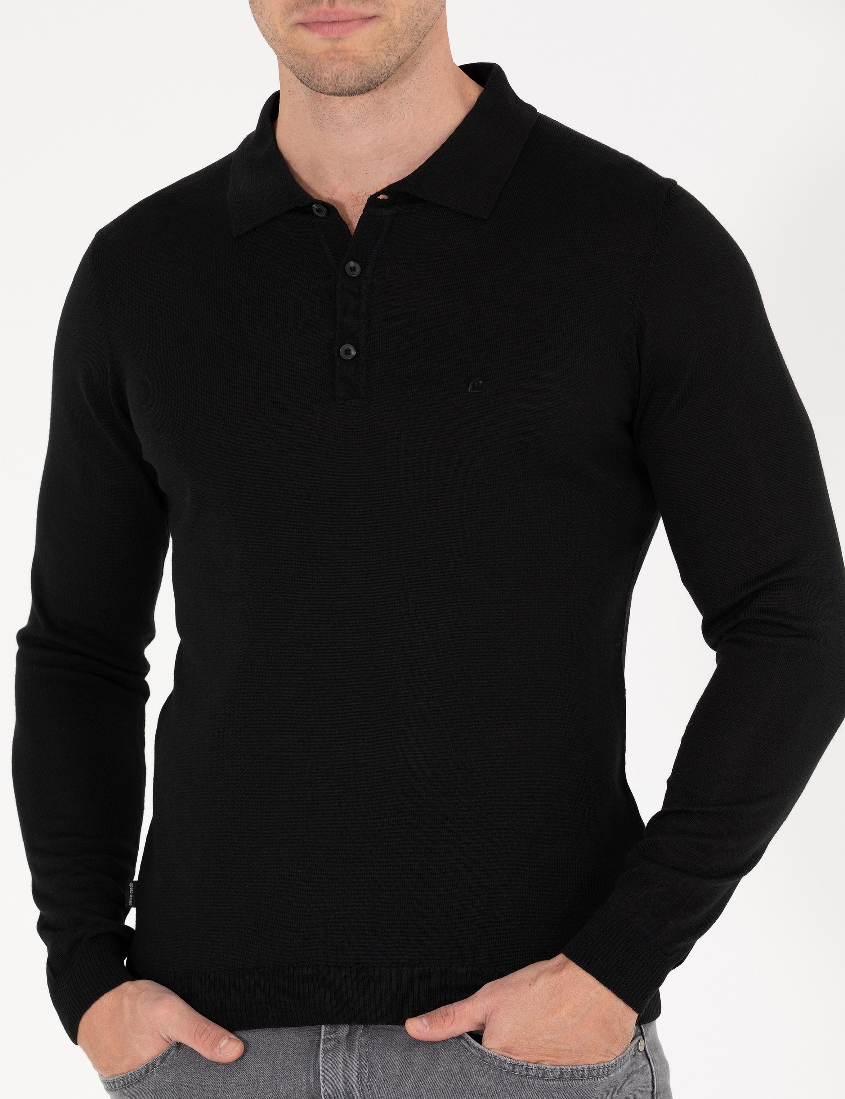 Siyah Slim Fit Polo Yaka Yün Karışımlı Basic Triko Kazak