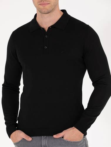 Siyah Slim Fit Polo Yaka Yün Karışımlı Basic Triko Kazak