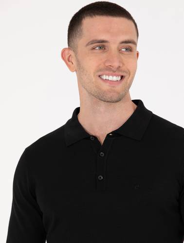 Siyah Slim Fit Polo Yaka Yün Karışımlı Basic Triko Kazak