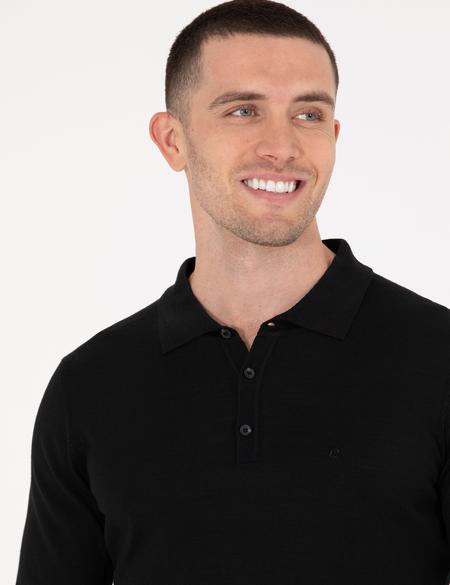 Siyah Slim Fit Polo Yaka Yün Karışımlı Basic Triko Kazak - 50257322028