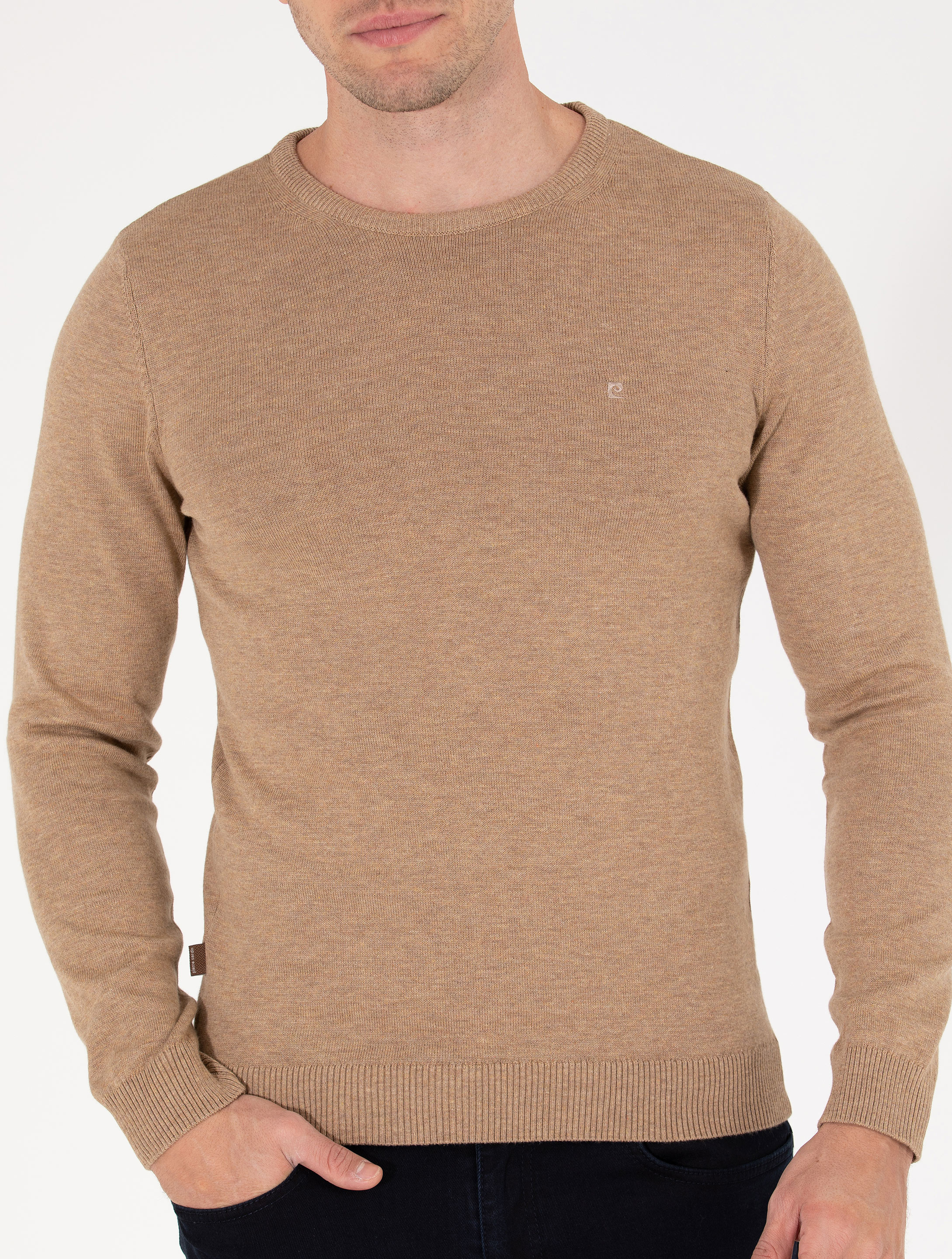 Pierre Cardin Camel Melanj Slim Fit Bisiklet Yaka Basic Triko Kazak görsel 6