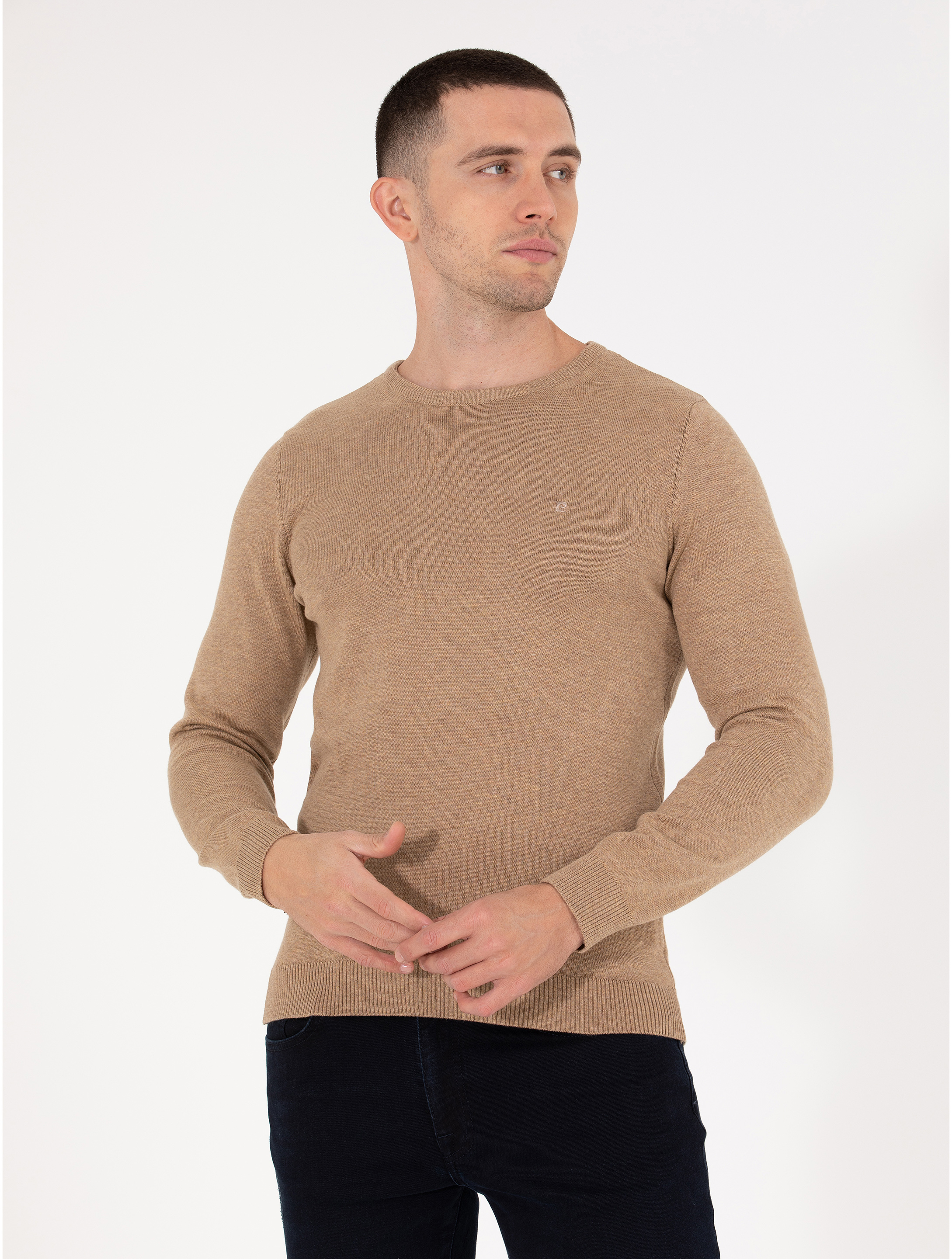 Pierre Cardin Camel Melanj Slim Fit Bisiklet Yaka Basic Triko Kazak görsel 4