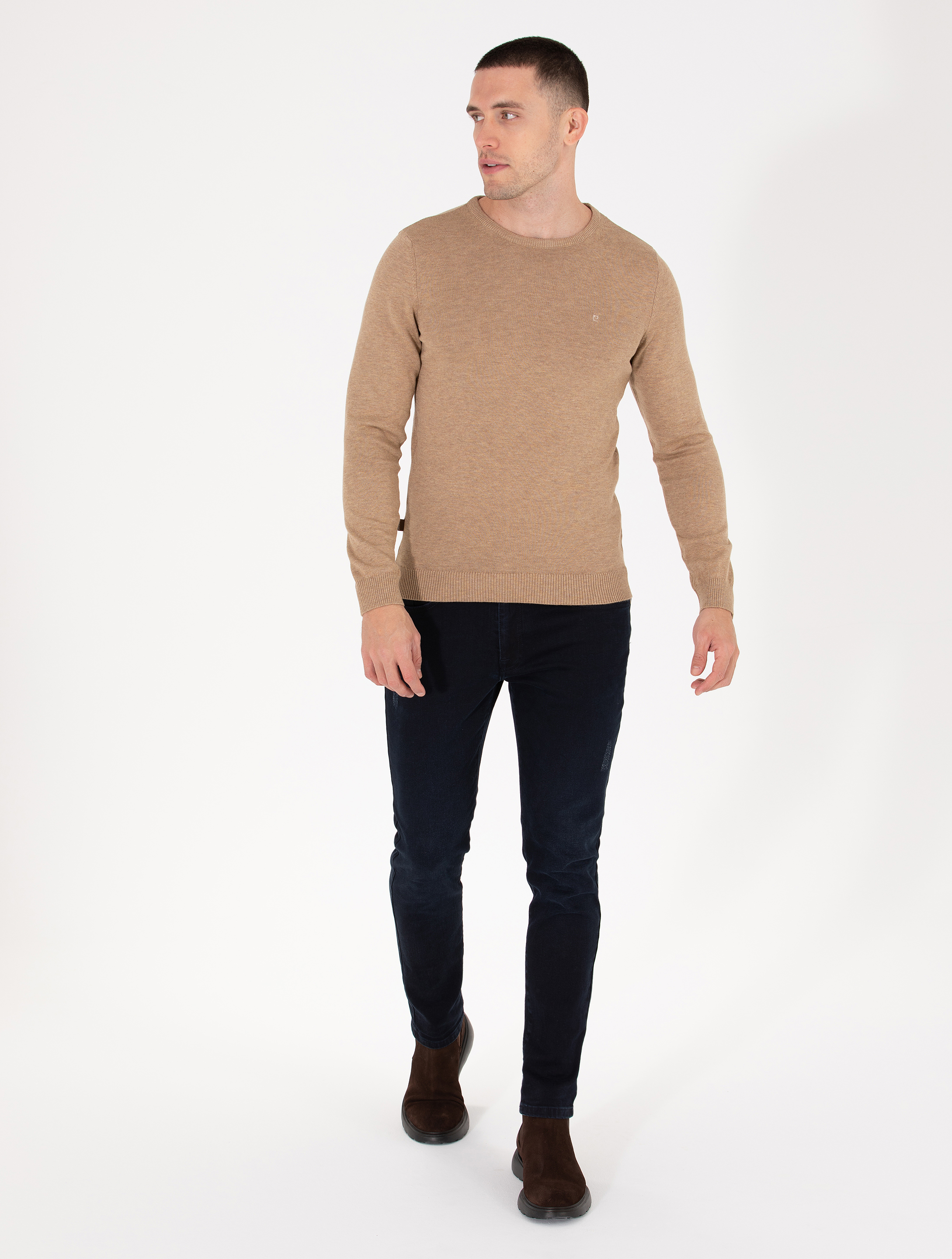 Pierre Cardin Camel Melanj Slim Fit Bisiklet Yaka Basic Triko Kazak görsel 3