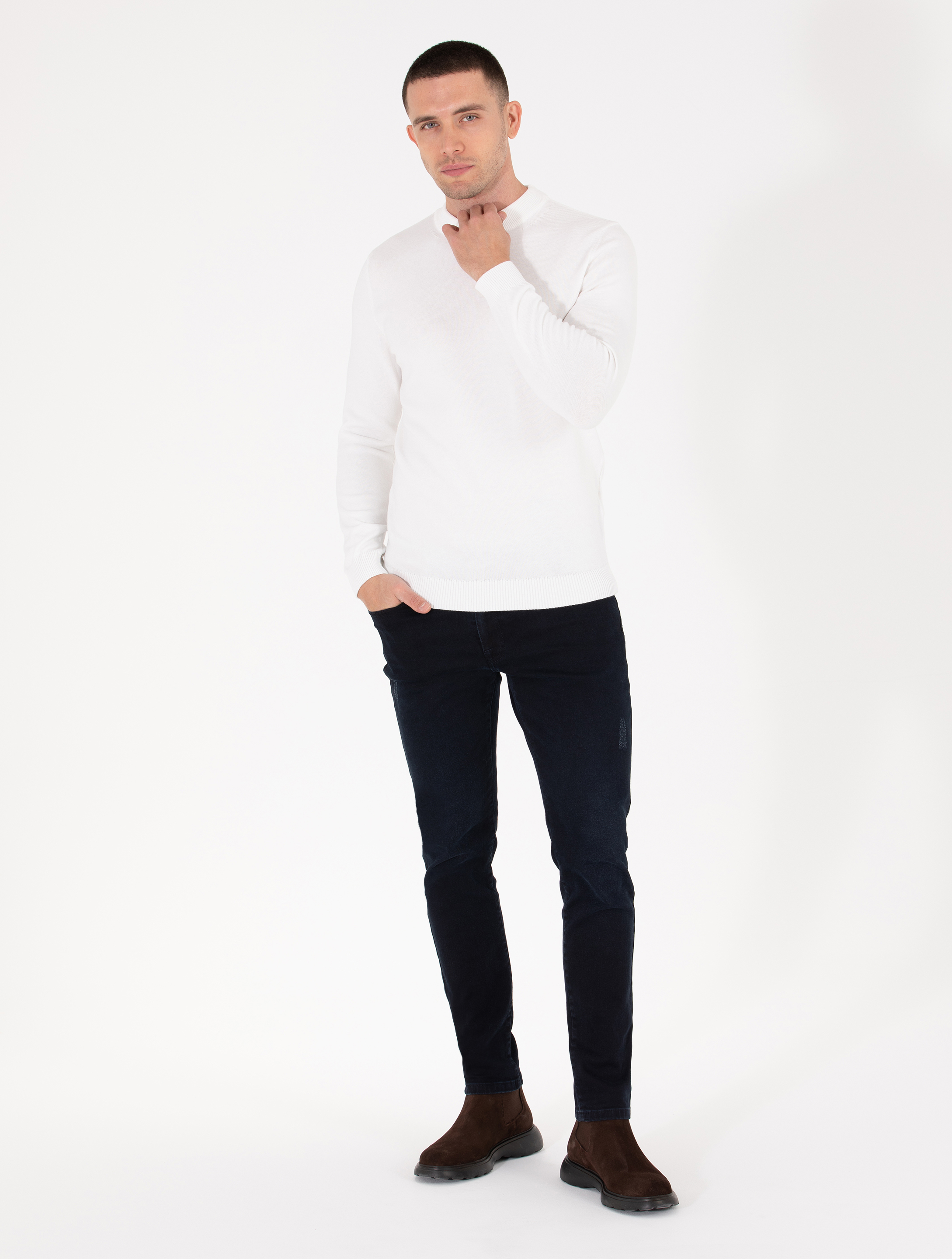 Ekru Slim Fit Çeyrek Yaka Basic Triko Kazak - Image 4