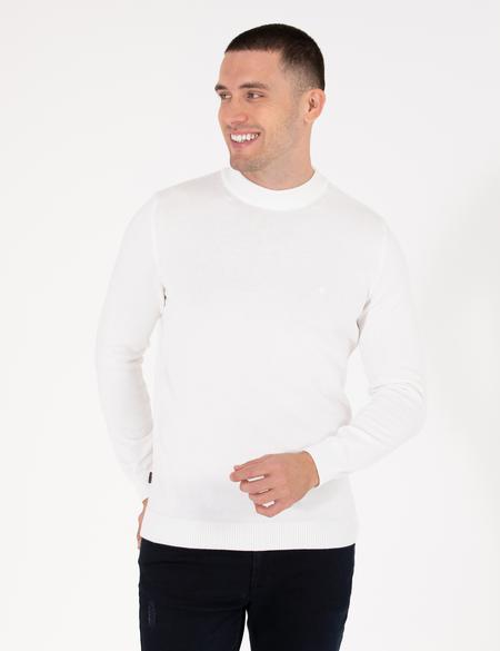 Ekru Slim Fit Çeyrek Yaka Basic Triko Kazak - 50259094021