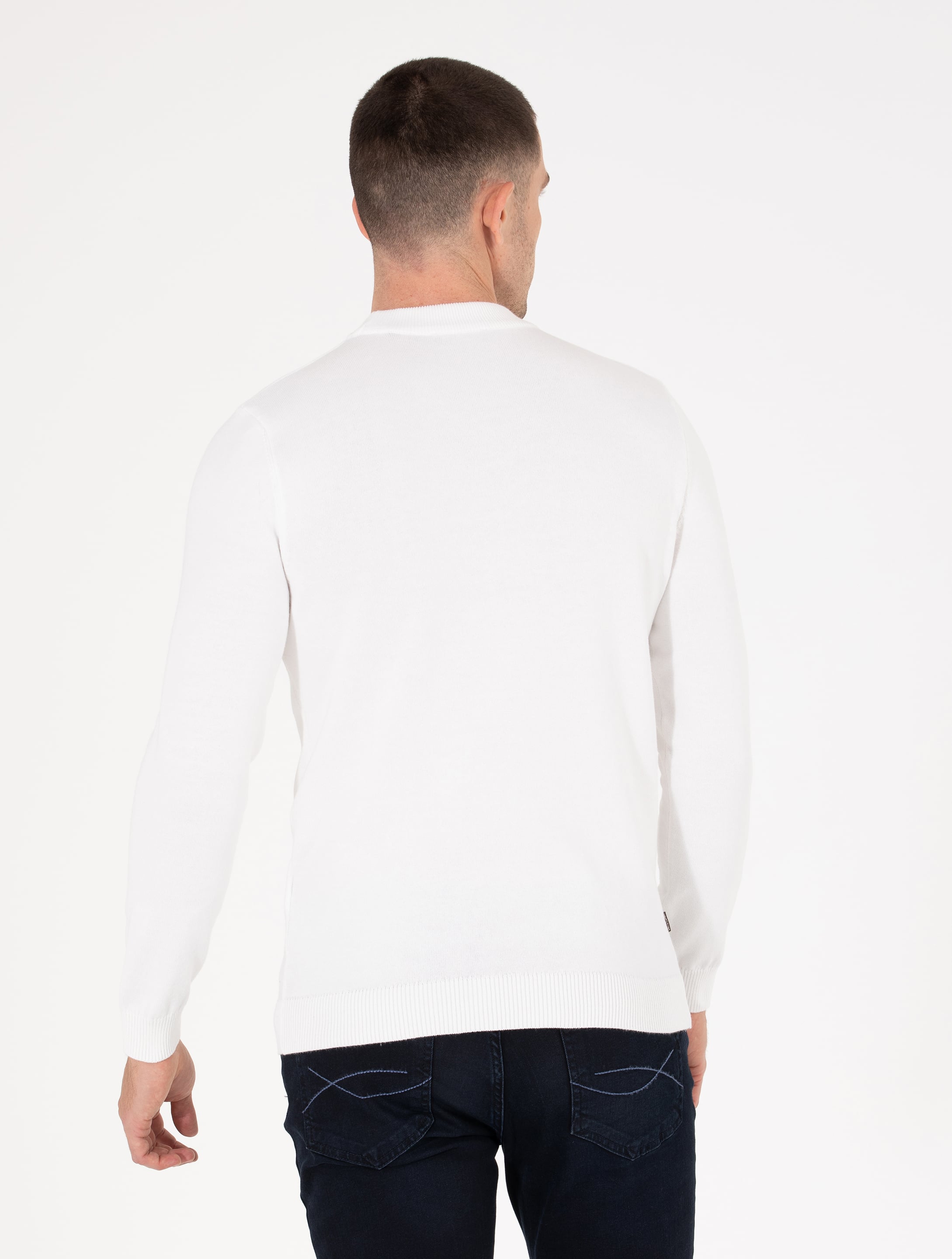 Ekru Slim Fit Çeyrek Yaka Basic Triko Kazak