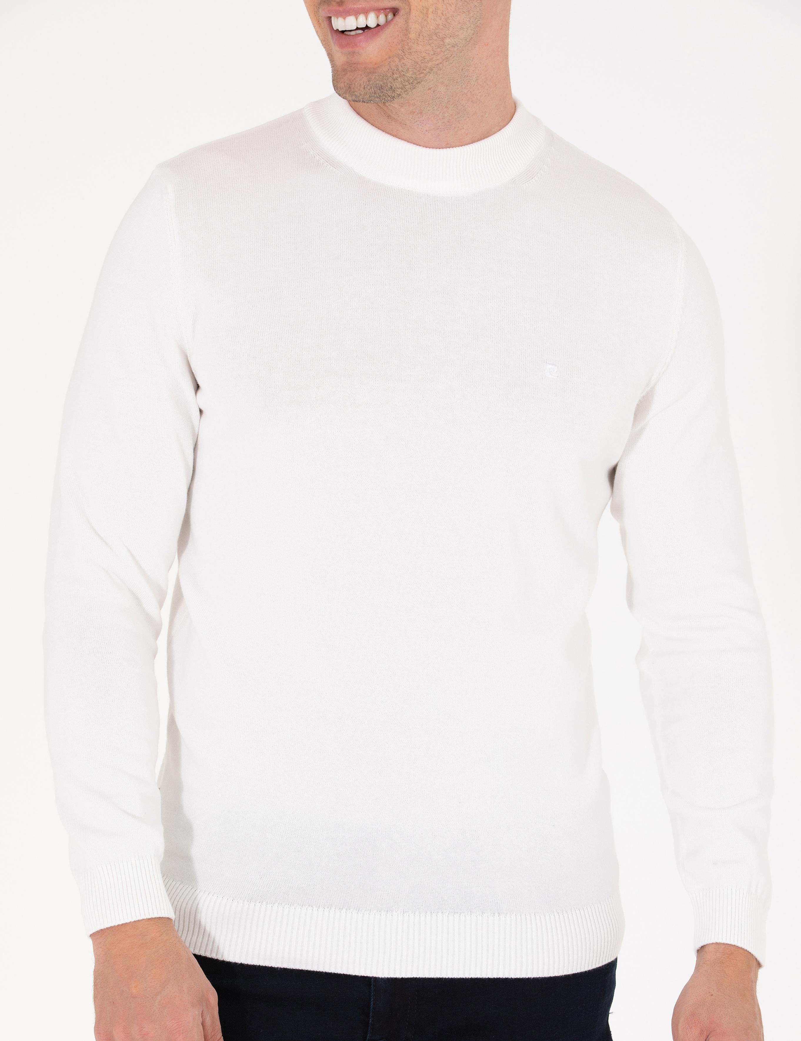 Ekru Slim Fit Çeyrek Yaka Basic Triko Kazak