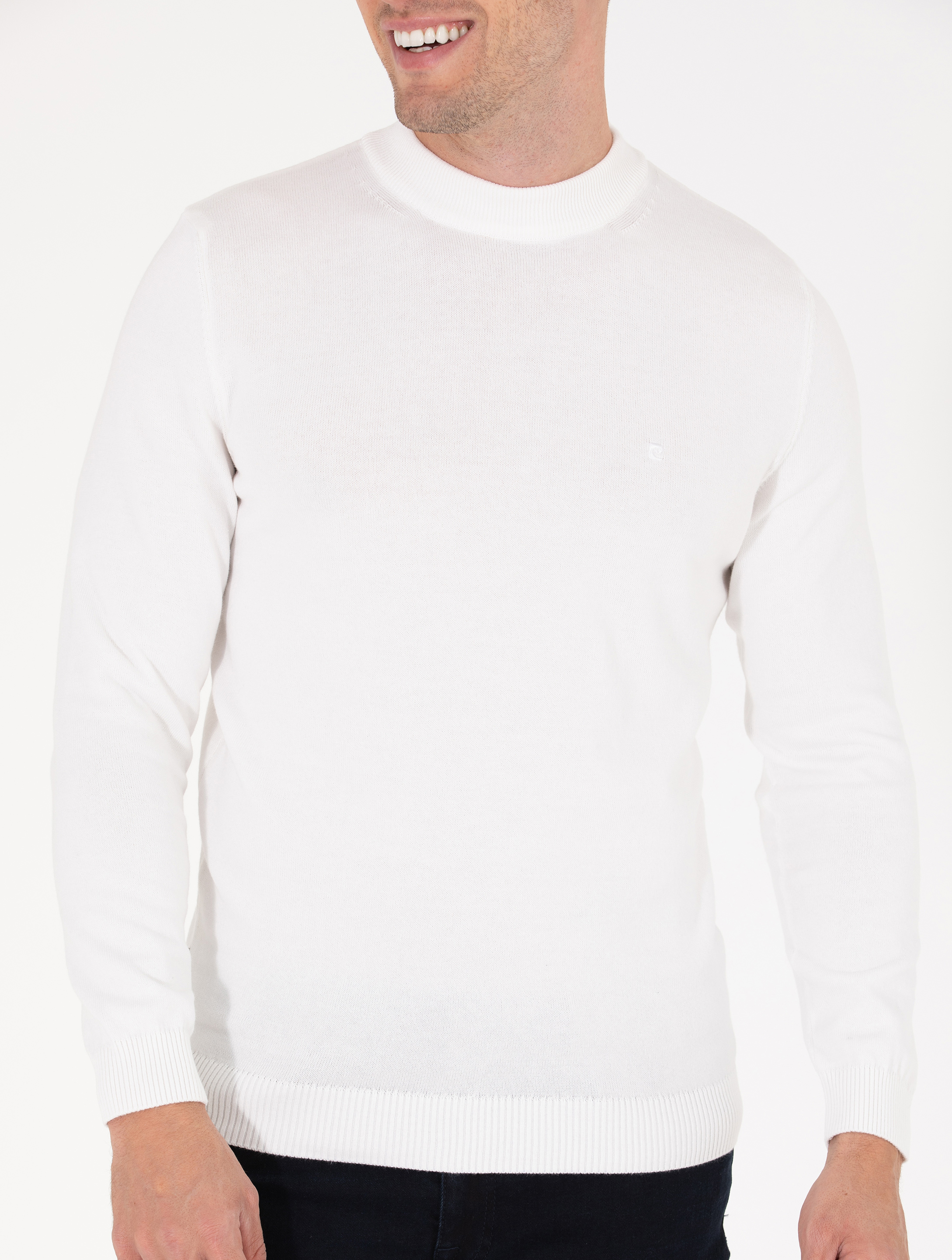 Ekru Slim Fit Çeyrek Yaka Basic Triko Kazak - Image 6