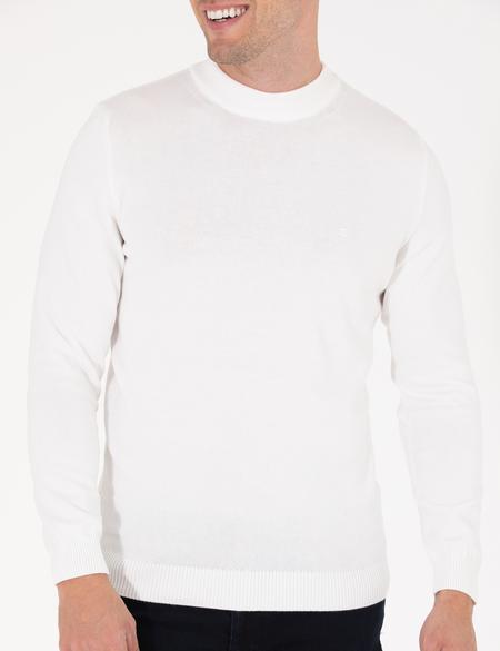 Ekru Slim Fit Çeyrek Yaka Basic Triko Kazak - 50259094021