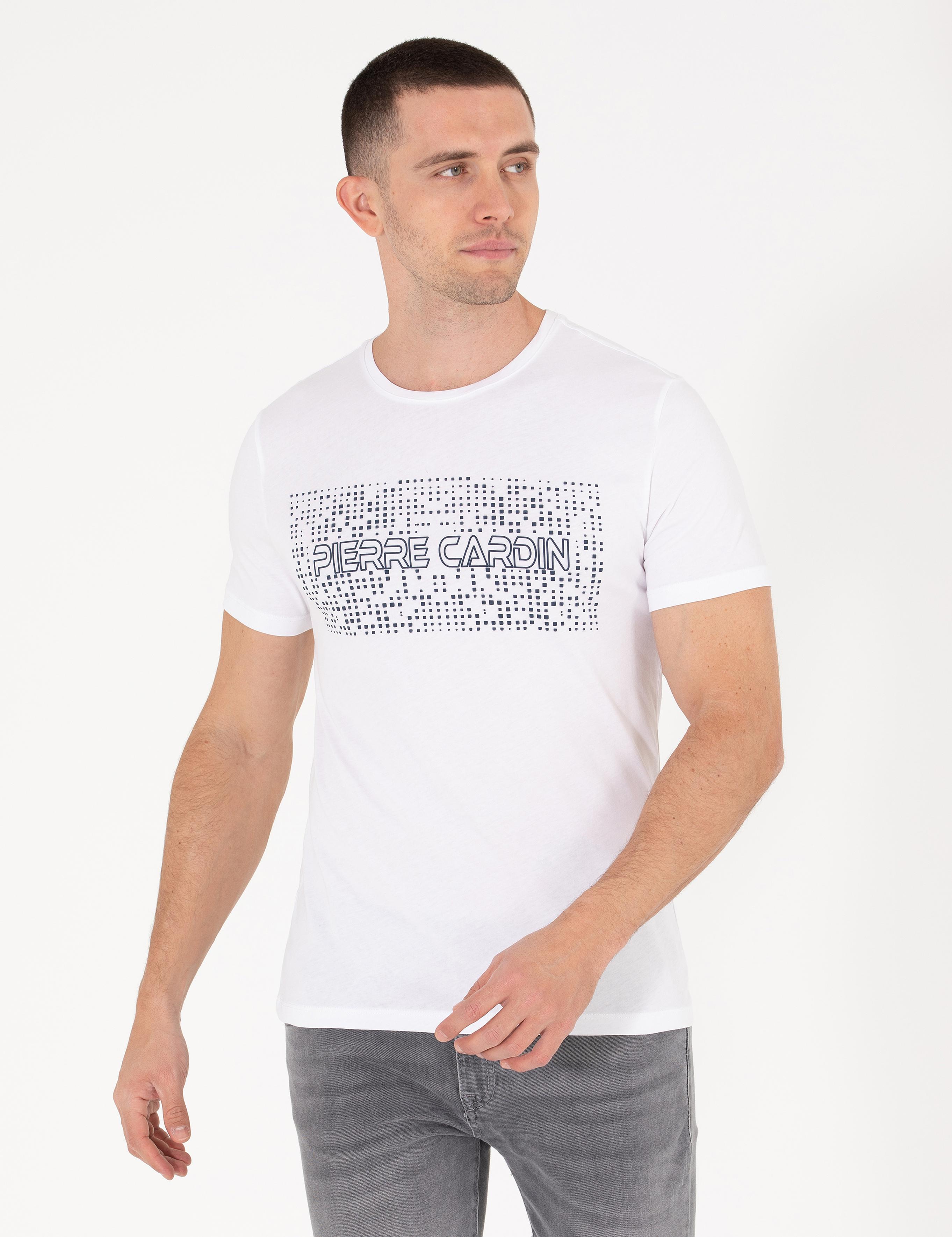 Beyaz Slim Fit Pierre Cardin Baskılı Bisiklet Yaka Tişört