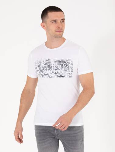 Beyaz Slim Fit Pierre Cardin Baskılı Bisiklet Yaka Tişört