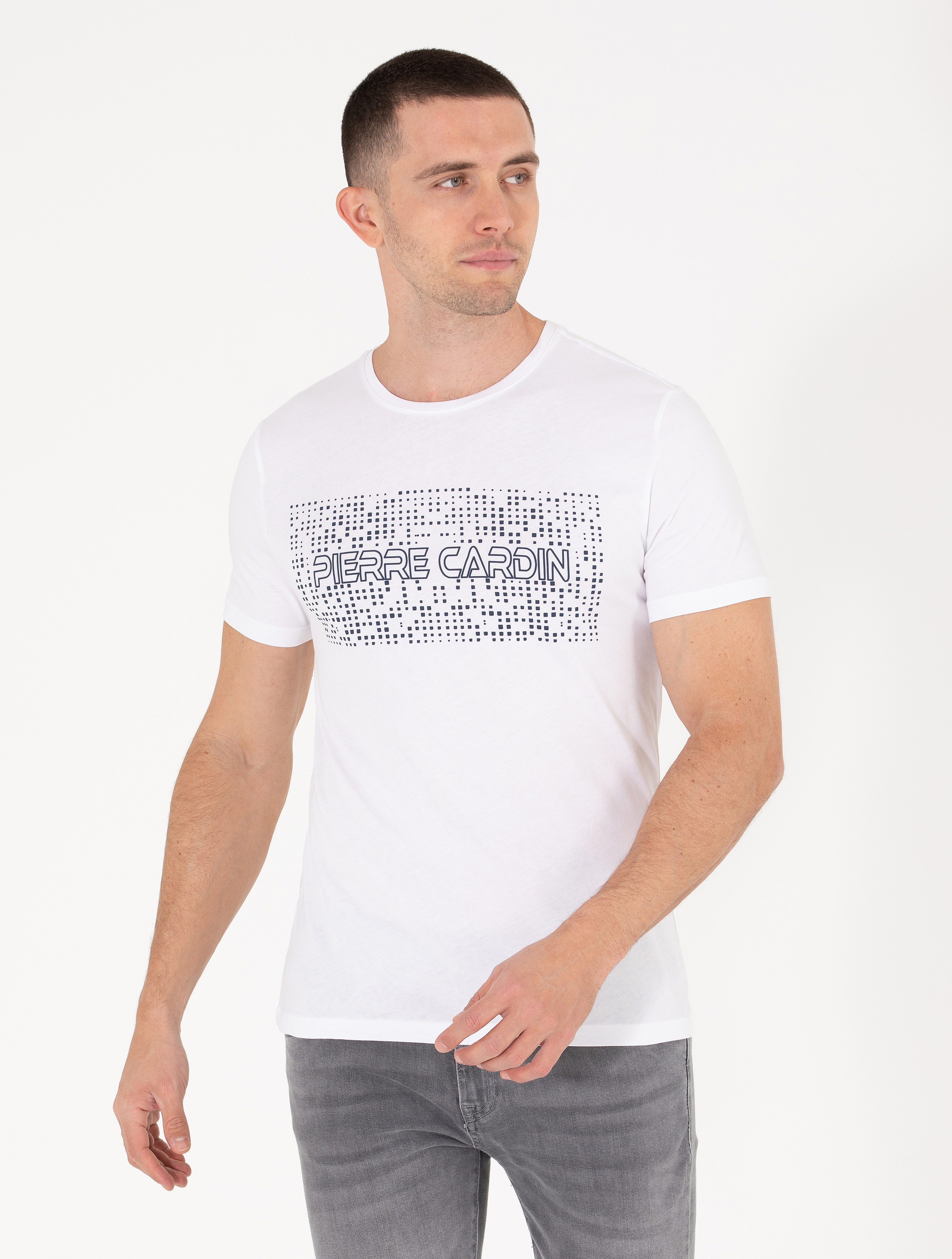 Beyaz Slim Fit Pierre Cardin Baskılı Bisiklet Yaka Tişört - Image 1
